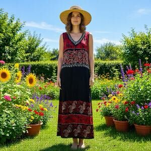 Women Sz 6 Palak Maxi Dress Red Black Embellished Tie Back Size Split Vintage